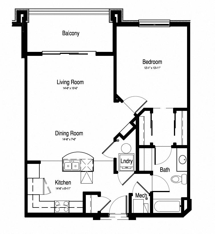 Floor plan for 1 bed, 1 bath, 861 sqft